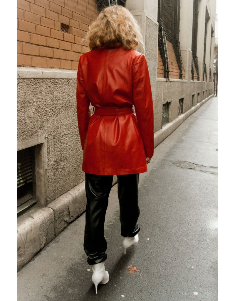 Belle Du Jour' Leather Trench Coat in Rosso – Santinni